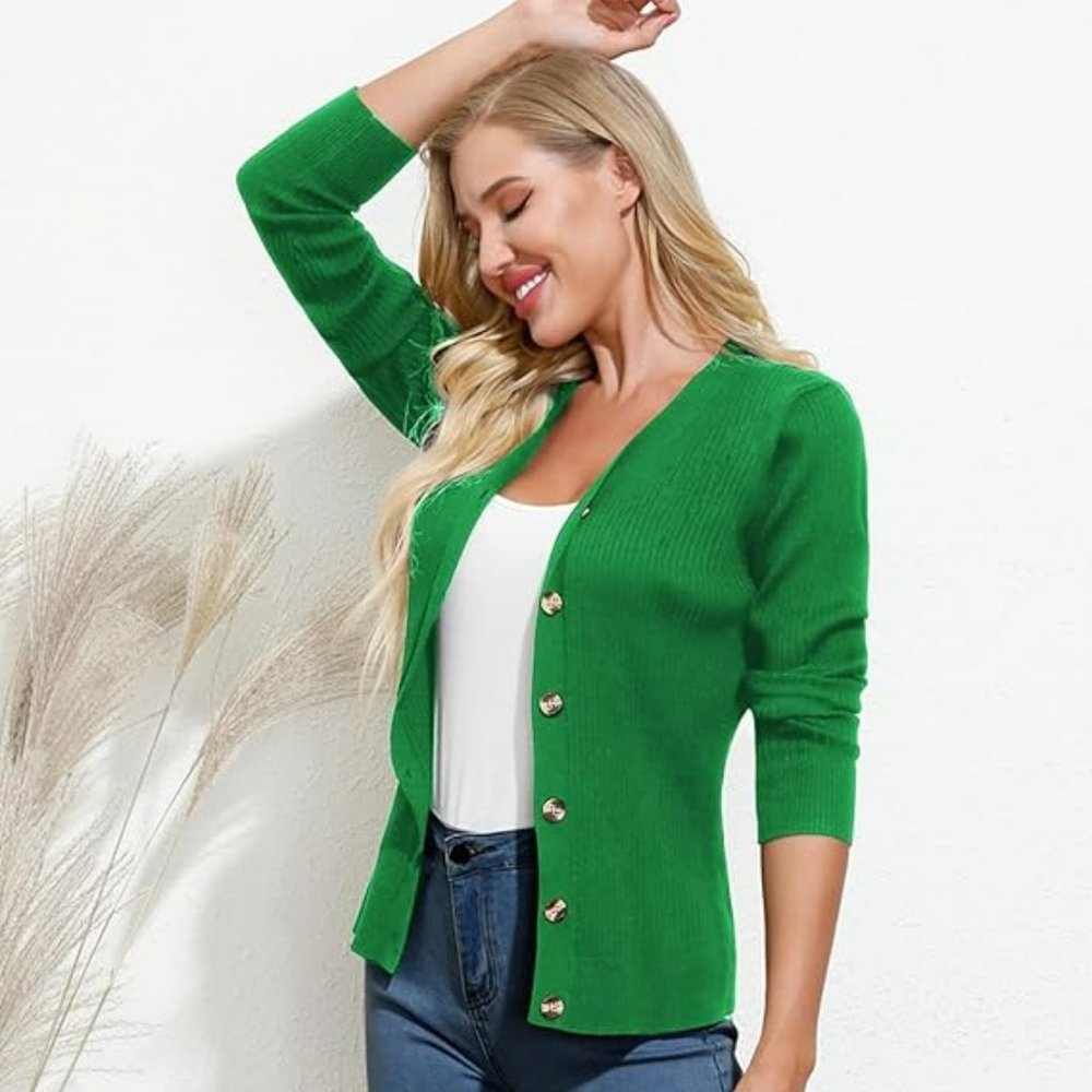 GRACE KARIN Women's Button Down Vee Neck Long Sleeve Rib Knit Cardigan Sweaters